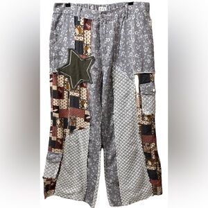 POL Women's SZ L Printed Patchwork Star Detail Woven Pants Wide Leg Boho Design